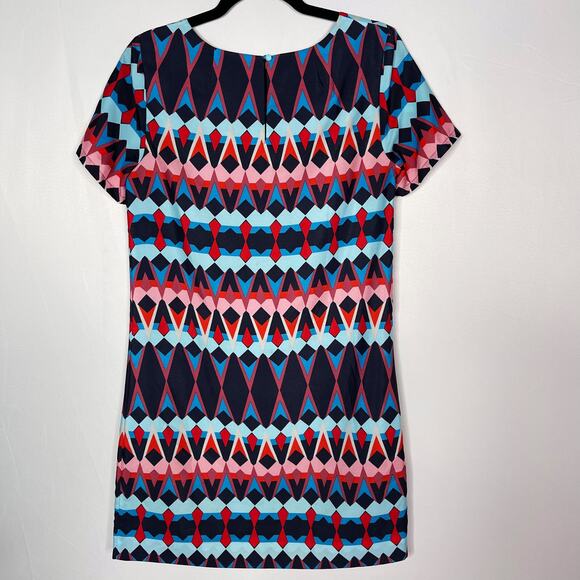 J Crew Size 2 Blue Pink Red Geometric Print Sheath Dress Short Sleeve Keyhole - Picture 2 of 12